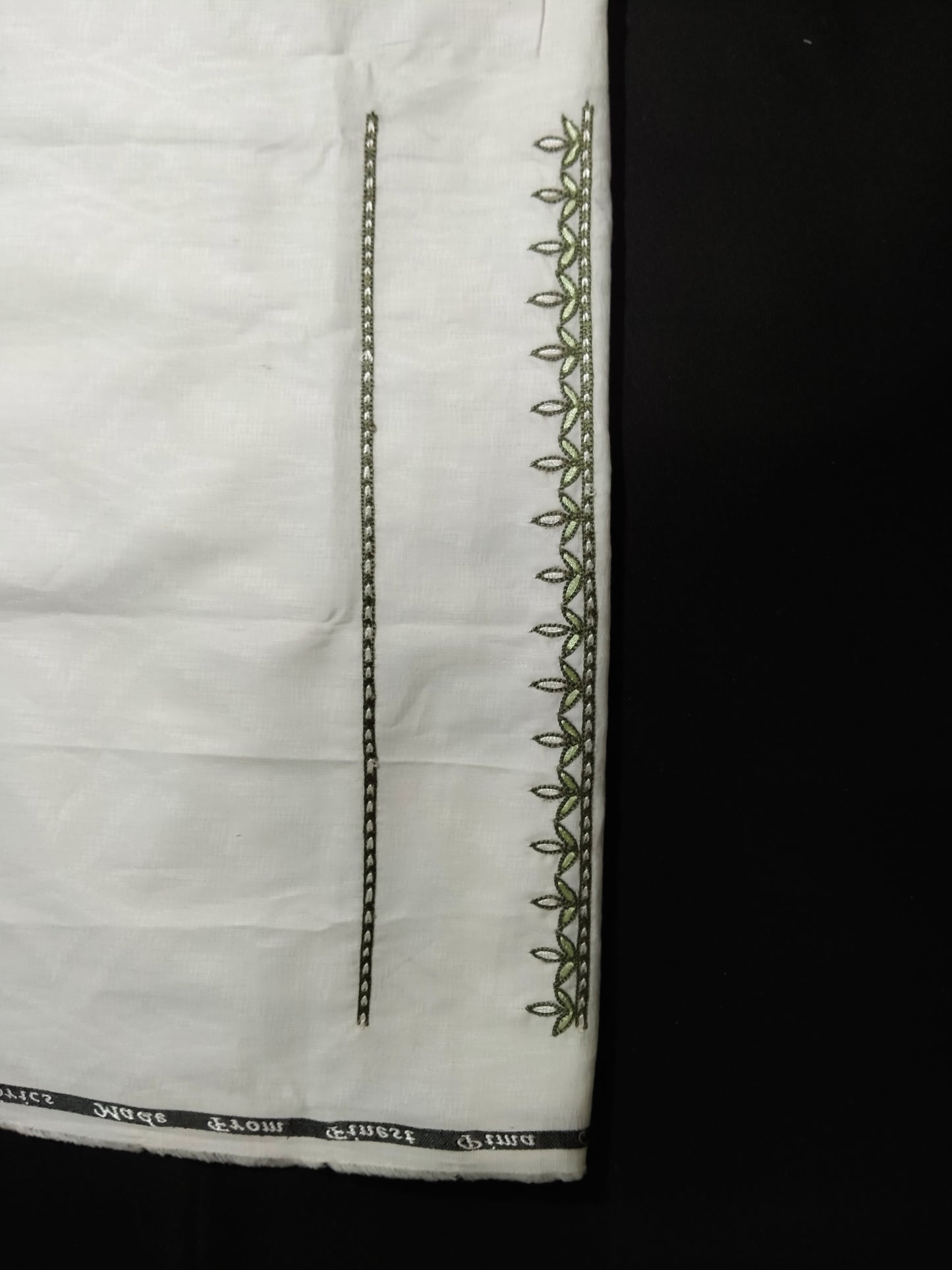 White Cotton Linen Jacquard Embroidered Kurta Pajama Fabric Set – Olive Green & Dark Grey Designer Work – Unstitched – 2m Kurta + 1.25m Pajama – 58" Width – Buttons Included