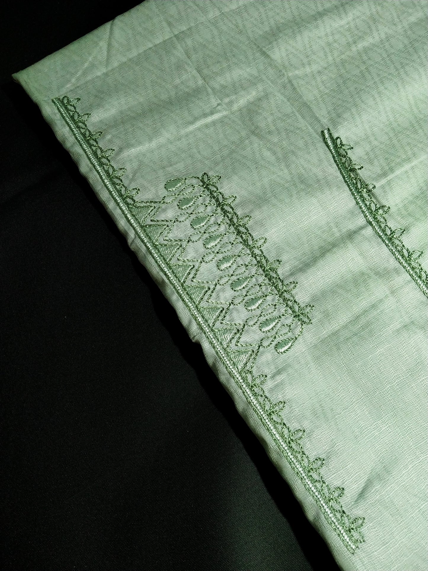 Light Mint Green Cotton Linen Jacquard Embroidered Kurta Pajama Fabric Set – Tone-on-Tone Designer Embroidery – Unstitched – 2m Kurta + 1.25m Pajama – 58" Width