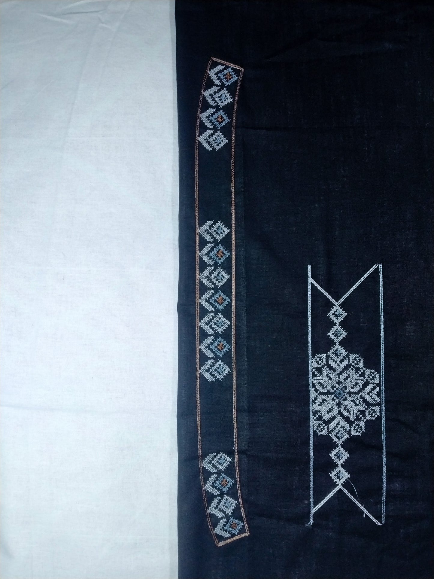 Men’s Dark Blue Designer Kurta Pajama Fabric (Unstitched) – Cotton Linen Jacquard with Heavy Embroidery, Wedding & Festive Kurta Material