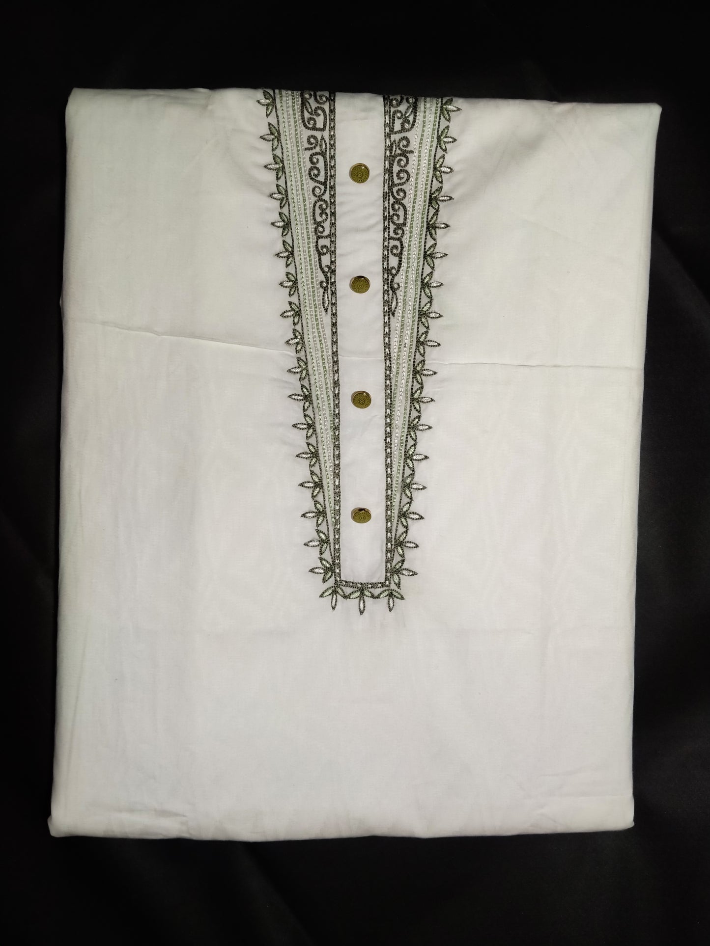 White Cotton Linen Jacquard Embroidered Kurta Pajama Fabric Set – Olive Green & Dark Grey Designer Work – Unstitched – 2m Kurta + 1.25m Pajama – 58" Width – Buttons Included