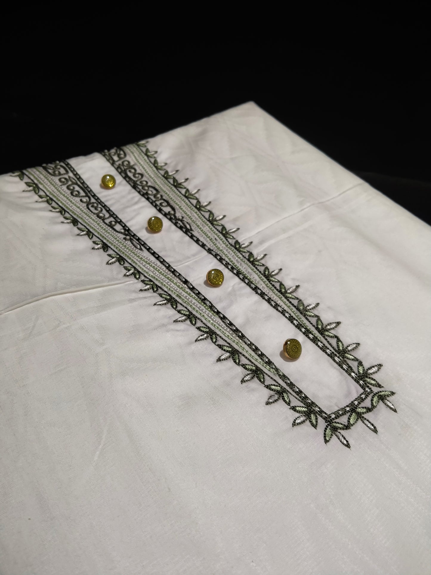 White Cotton Linen Jacquard Embroidered Kurta Pajama Fabric Set – Olive Green & Dark Grey Designer Work – Unstitched – 2m Kurta + 1.25m Pajama – 58" Width – Buttons Included