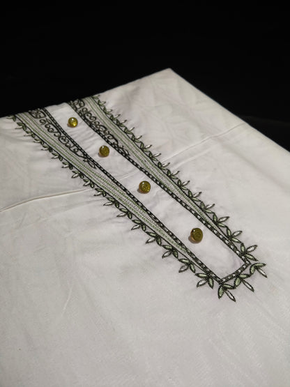 White Cotton Linen Jacquard Embroidered Kurta Pajama Fabric Set – Olive Green & Dark Grey Designer Work – Unstitched – 2m Kurta + 1.25m Pajama – 58" Width – Buttons Included