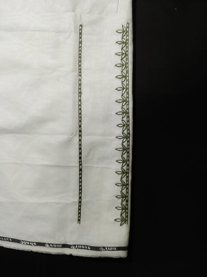 White Cotton Linen Jacquard Embroidered Kurta Pajama Fabric Set – Olive Green & Dark Grey Designer Work – Unstitched – 2m Kurta + 1.25m Pajama – 58" Width – Buttons Included