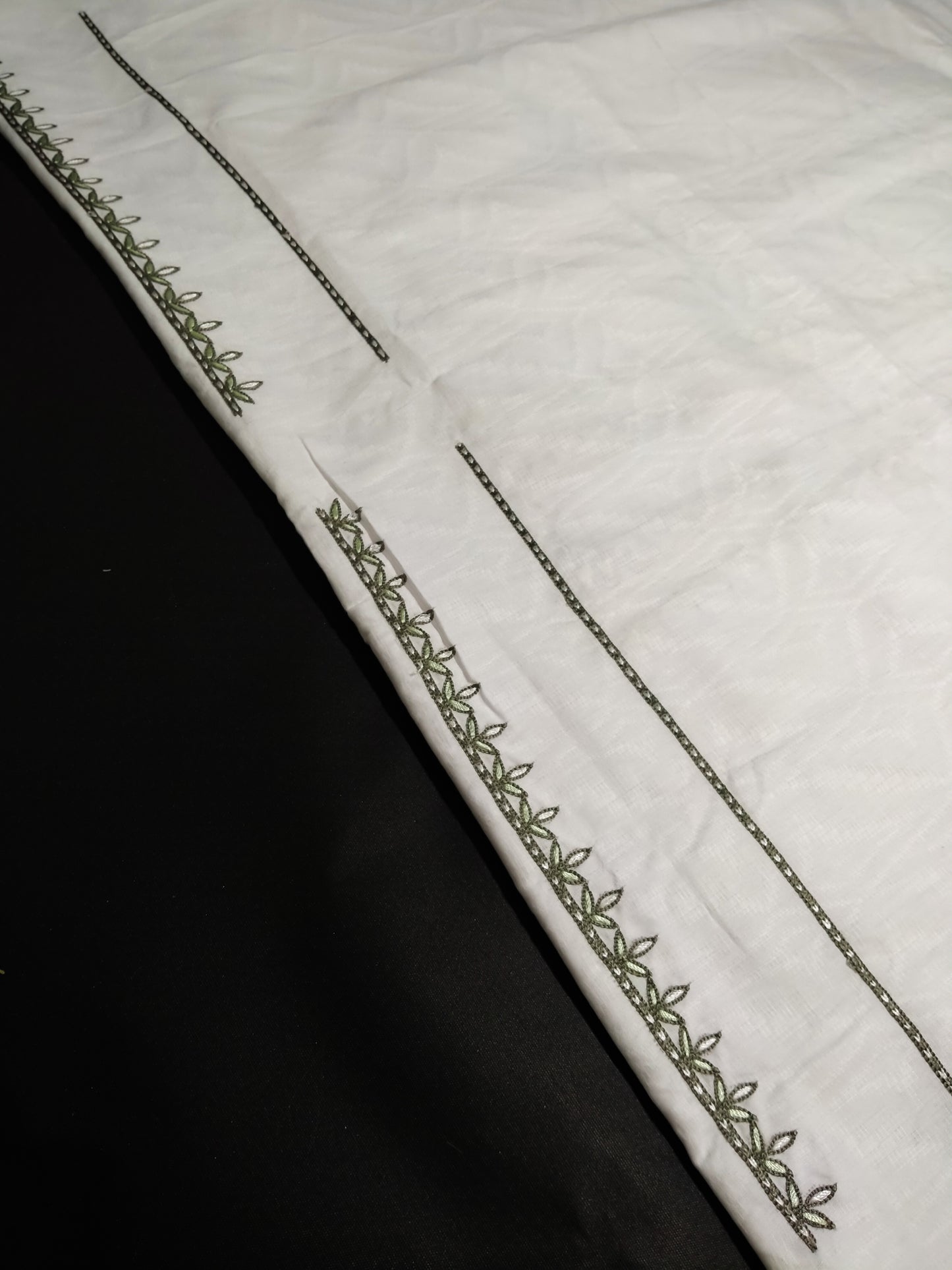 White Cotton Linen Jacquard Embroidered Kurta Pajama Fabric Set – Olive Green & Dark Grey Designer Work – Unstitched – 2m Kurta + 1.25m Pajama – 58" Width – Buttons Included
