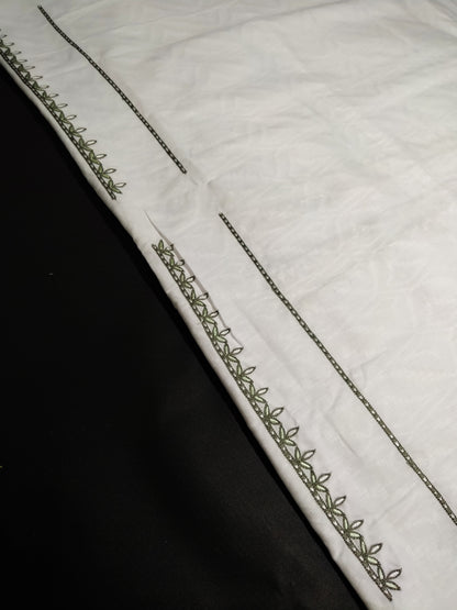 White Cotton Linen Jacquard Embroidered Kurta Pajama Fabric Set – Olive Green & Dark Grey Designer Work – Unstitched – 2m Kurta + 1.25m Pajama – 58" Width – Buttons Included