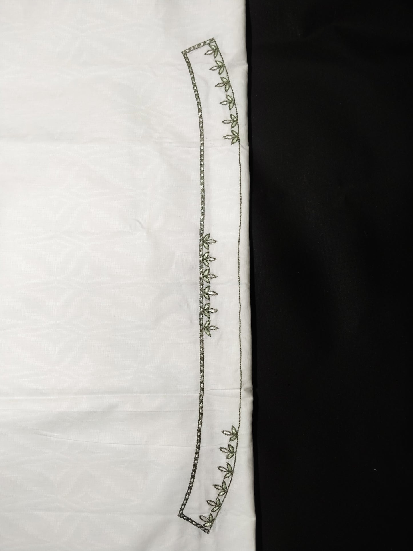 White Cotton Linen Jacquard Embroidered Kurta Pajama Fabric Set – Olive Green & Dark Grey Designer Work – Unstitched – 2m Kurta + 1.25m Pajama – 58" Width – Buttons Included