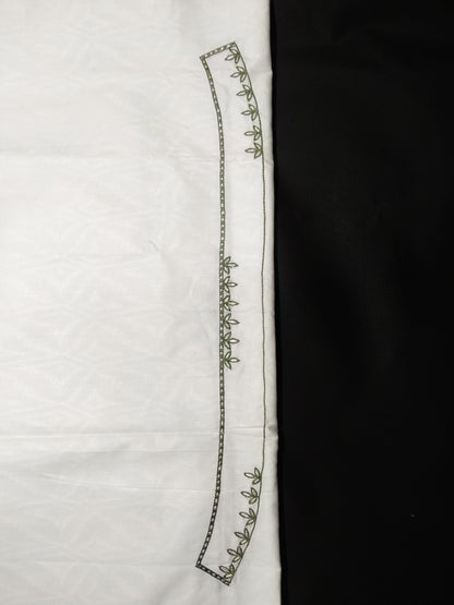 White Cotton Linen Jacquard Embroidered Kurta Pajama Fabric Set – Olive Green & Dark Grey Designer Work – Unstitched – 2m Kurta + 1.25m Pajama – 58" Width – Buttons Included