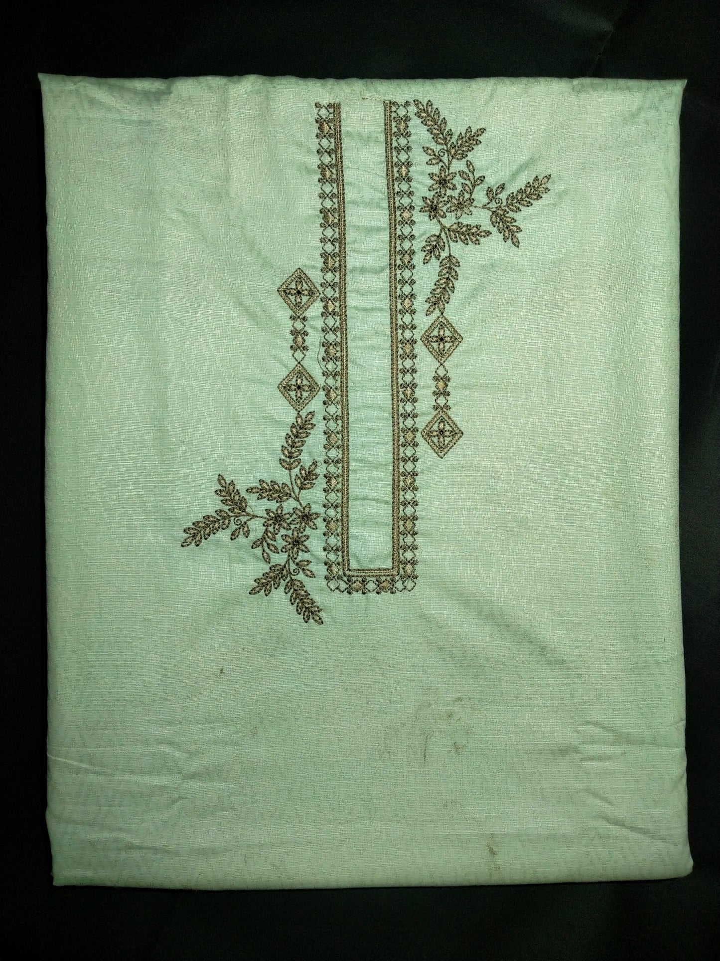 Mint Green Cotton Linen Jacquard Embroidered Kurta Pajama Fabric Set – Dark Grey Designer Embroidery – Unstitched – 2m Kurta + 1.25m Pajama – 58" Width