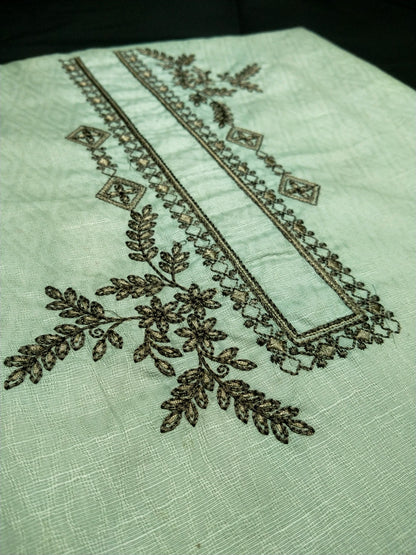 Mint Green Cotton Linen Jacquard Embroidered Kurta Pajama Fabric Set – Dark Grey Designer Embroidery – Unstitched – 2m Kurta + 1.25m Pajama – 58" Width