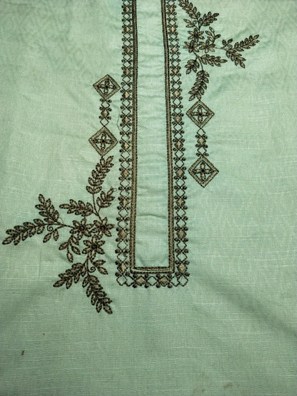 Mint Green Cotton Linen Jacquard Embroidered Kurta Pajama Fabric Set – Dark Grey Designer Embroidery – Unstitched – 2m Kurta + 1.25m Pajama – 58" Width