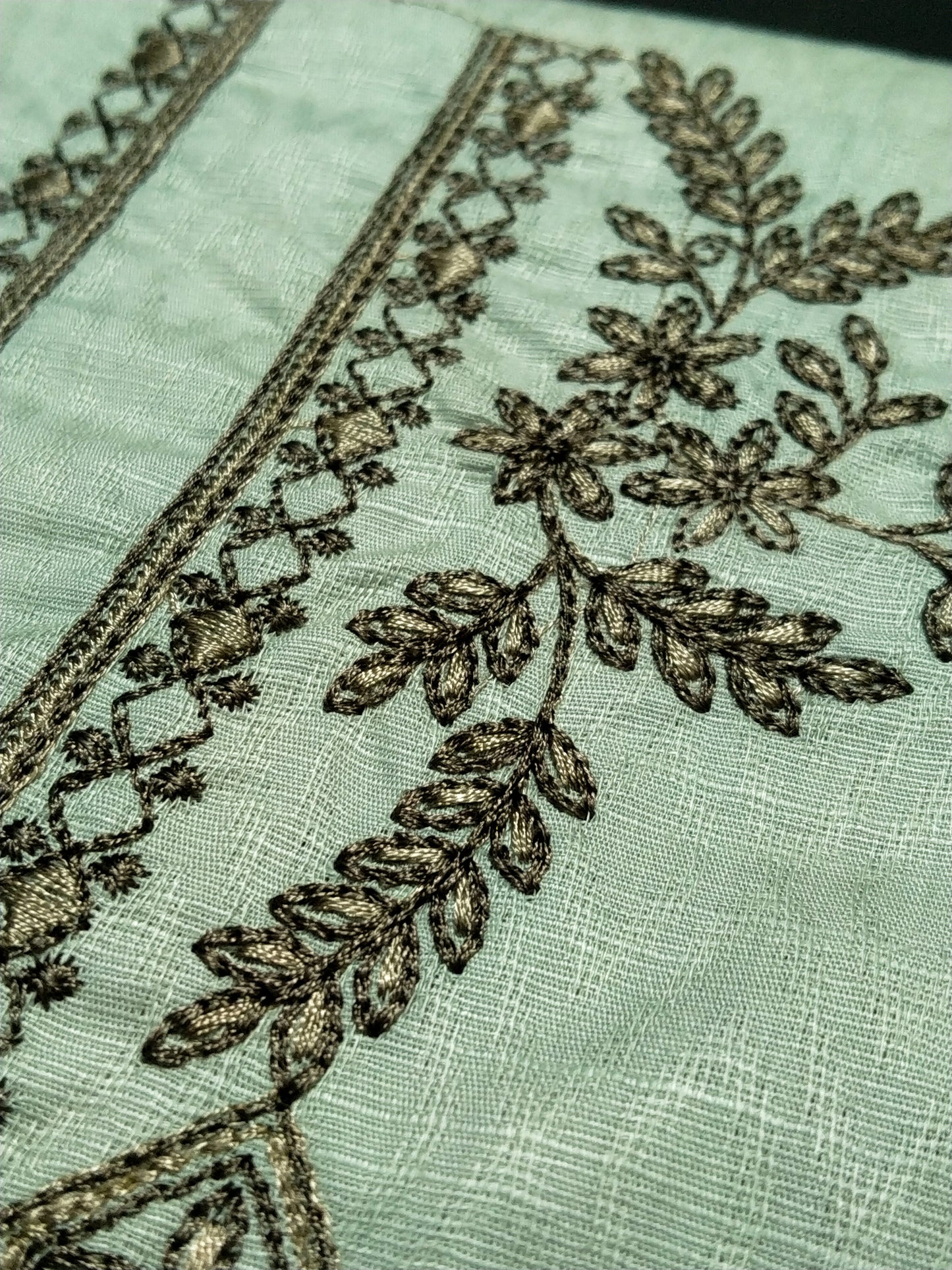 Mint Green Cotton Linen Jacquard Embroidered Kurta Pajama Fabric Set – Dark Grey Designer Embroidery – Unstitched – 2m Kurta + 1.25m Pajama – 58" Width