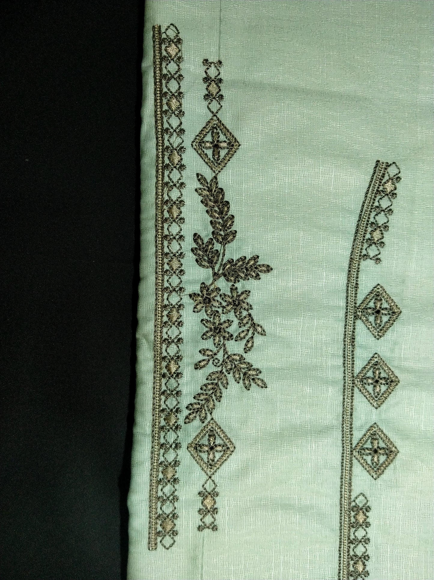 Mint Green Cotton Linen Jacquard Embroidered Kurta Pajama Fabric Set – Dark Grey Designer Embroidery – Unstitched – 2m Kurta + 1.25m Pajama – 58" Width