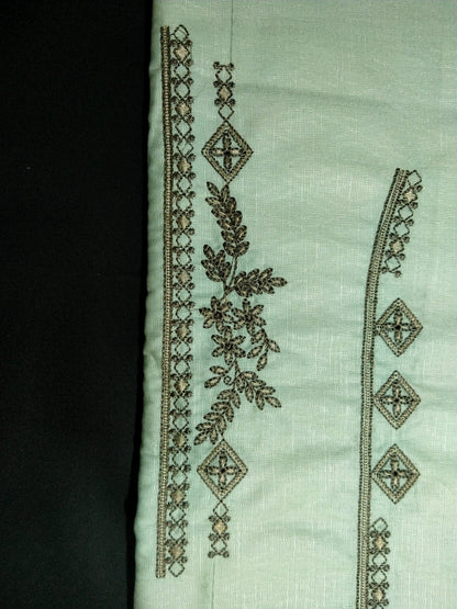 Mint Green Cotton Linen Jacquard Embroidered Kurta Pajama Fabric Set – Dark Grey Designer Embroidery – Unstitched – 2m Kurta + 1.25m Pajama – 58" Width
