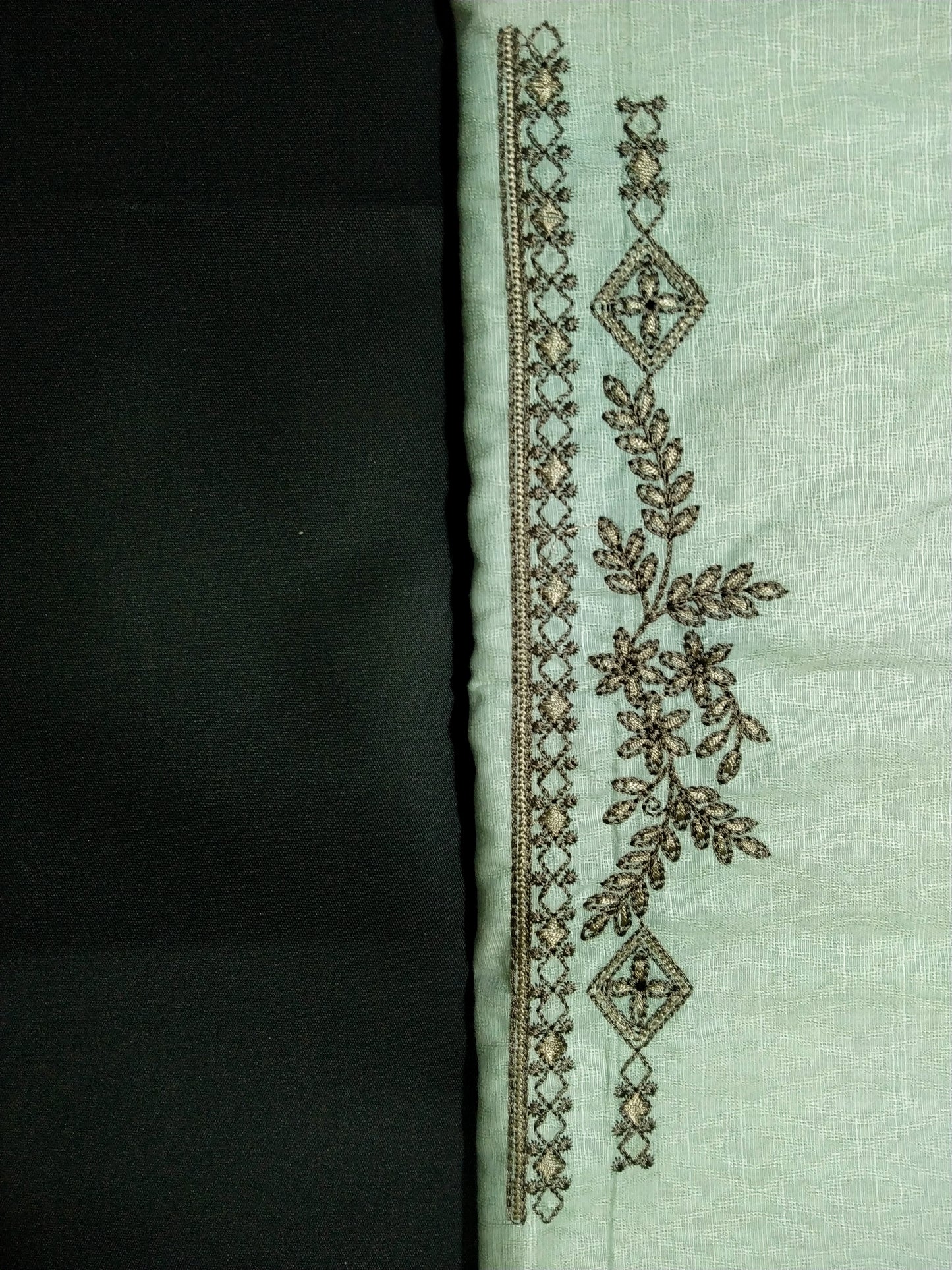 Mint Green Cotton Linen Jacquard Embroidered Kurta Pajama Fabric Set – Dark Grey Designer Embroidery – Unstitched – 2m Kurta + 1.25m Pajama – 58" Width