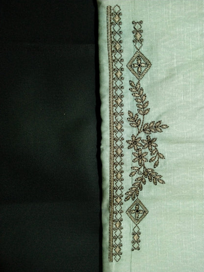Mint Green Cotton Linen Jacquard Embroidered Kurta Pajama Fabric Set – Dark Grey Designer Embroidery – Unstitched – 2m Kurta + 1.25m Pajama – 58" Width