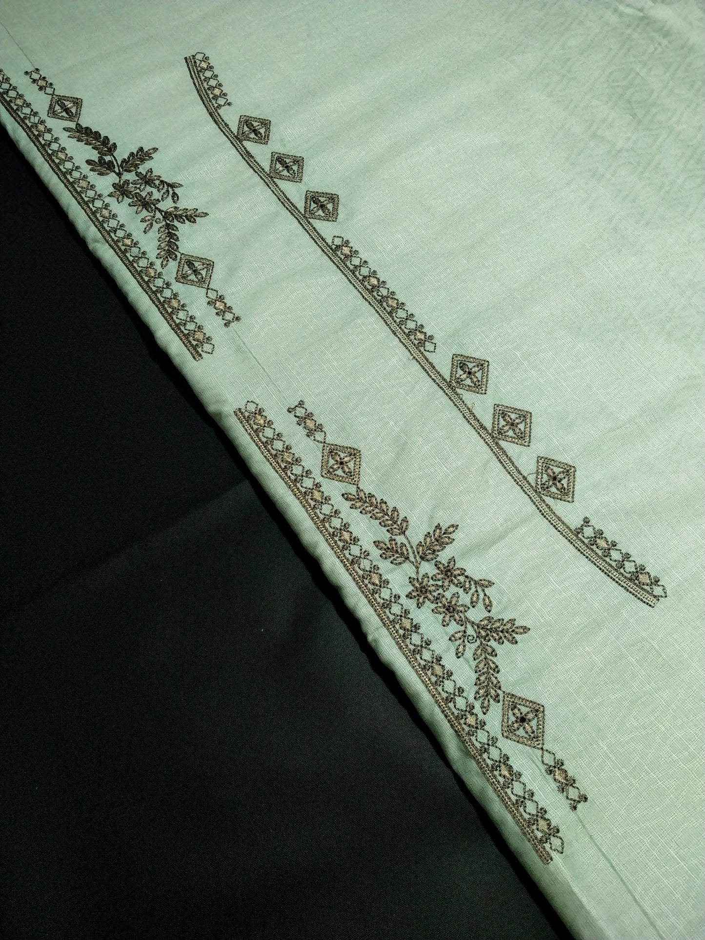 Mint Green Cotton Linen Jacquard Embroidered Kurta Pajama Fabric Set – Dark Grey Designer Embroidery – Unstitched – 2m Kurta + 1.25m Pajama – 58" Width