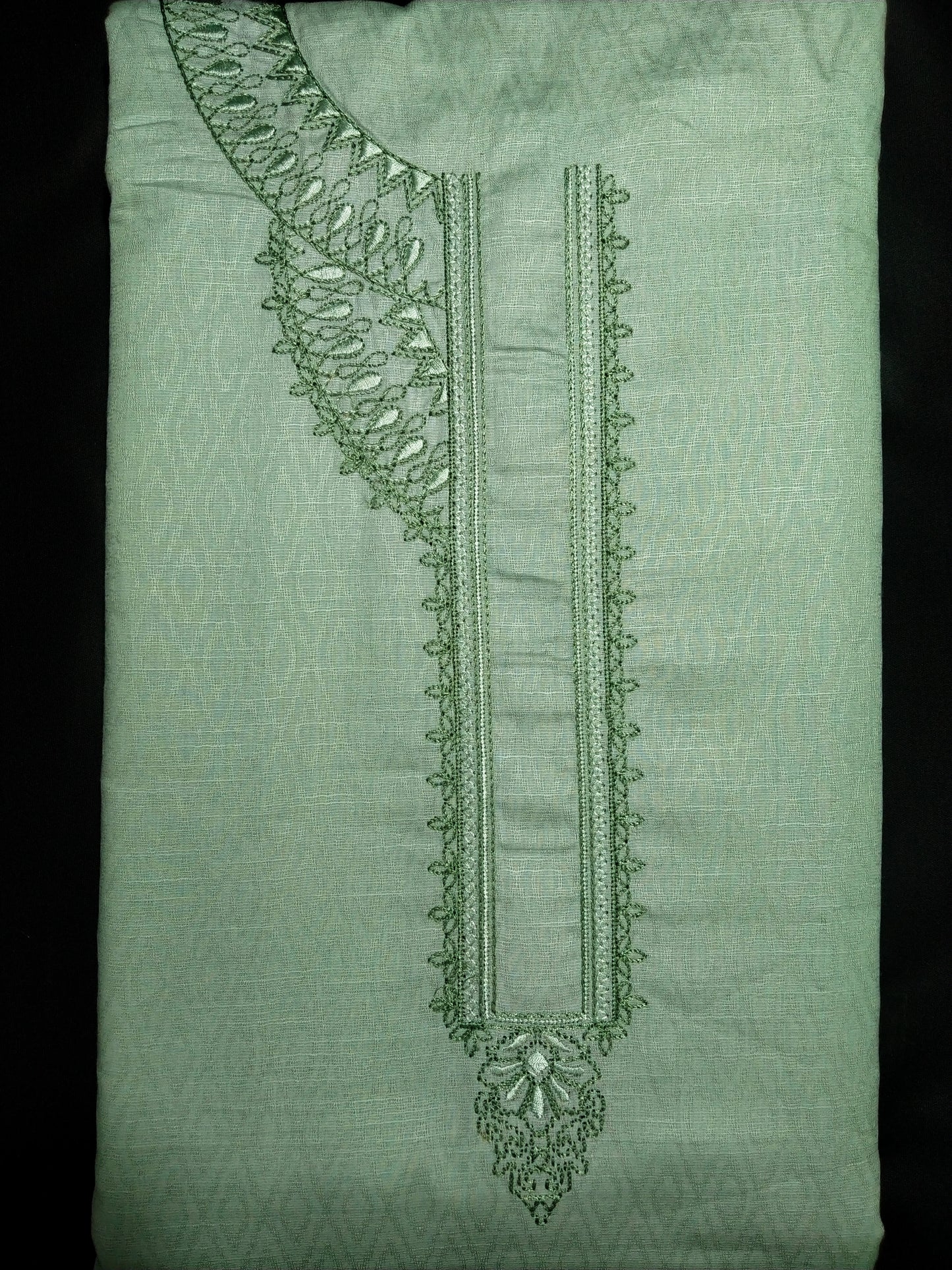 Light Mint Green Cotton Linen Jacquard Embroidered Kurta Pajama Fabric Set – Tone-on-Tone Designer Embroidery – Unstitched – 2m Kurta + 1.25m Pajama – 58" Width