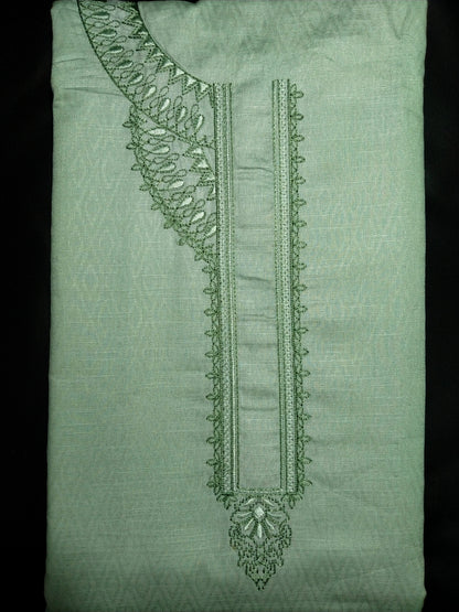Light Mint Green Cotton Linen Jacquard Embroidered Kurta Pajama Fabric Set – Tone-on-Tone Designer Embroidery – Unstitched – 2m Kurta + 1.25m Pajama – 58" Width
