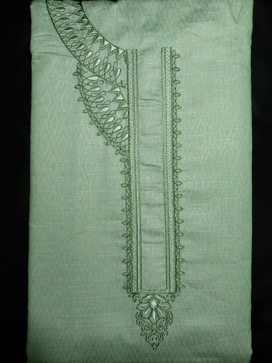 Light Mint Green Cotton Linen Jacquard Embroidered Kurta Pajama Fabric Set – Tone-on-Tone Designer Embroidery – Unstitched – 2m Kurta + 1.25m Pajama – 58" Width