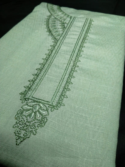 Light Mint Green Cotton Linen Jacquard Embroidered Kurta Pajama Fabric Set – Tone-on-Tone Designer Embroidery – Unstitched – 2m Kurta + 1.25m Pajama – 58" Width