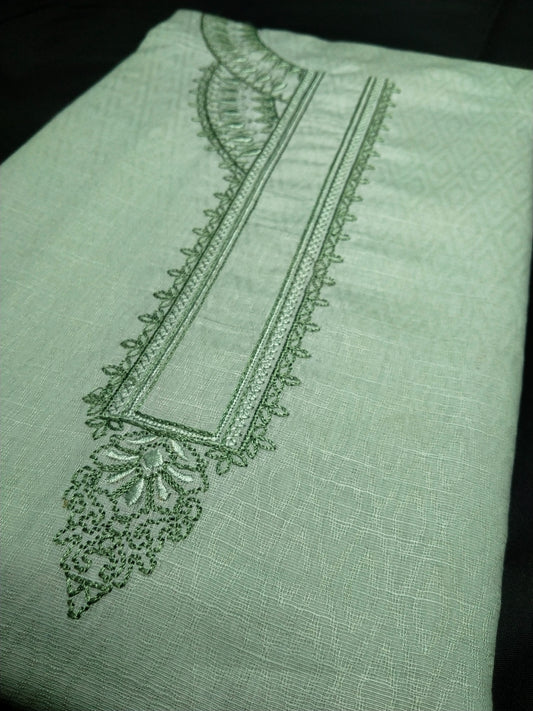 Light Mint Green Cotton Linen Jacquard Embroidered Kurta Pajama Fabric Set – Tone-on-Tone Designer Embroidery – Unstitched – 2m Kurta + 1.25m Pajama – 58" Width