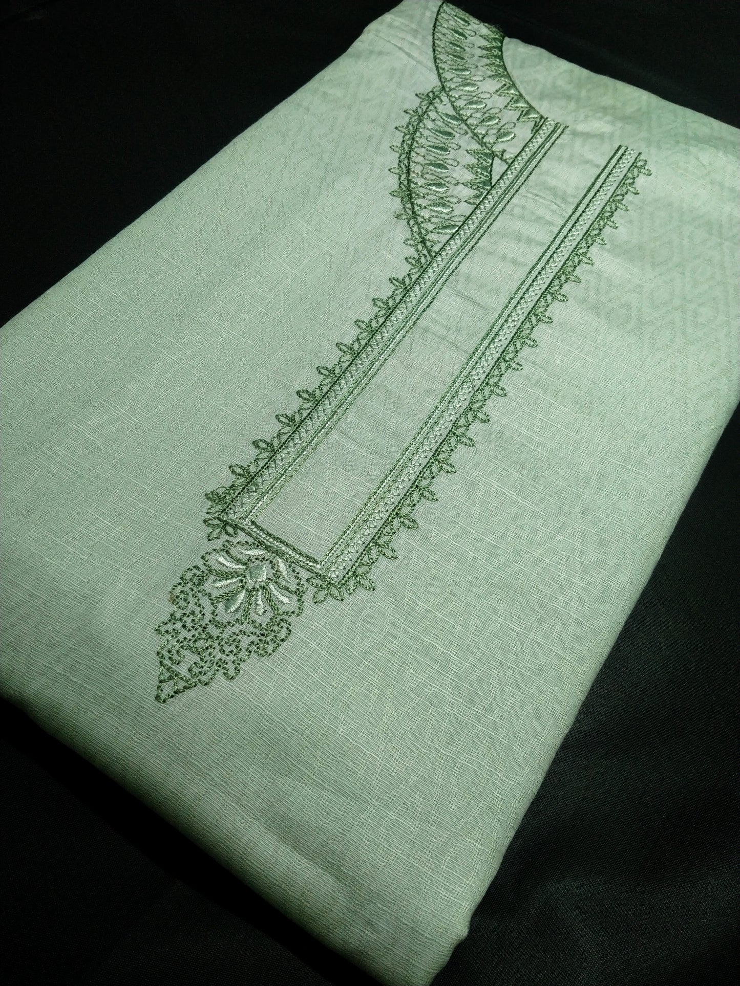 Light Mint Green Cotton Linen Jacquard Embroidered Kurta Pajama Fabric Set – Tone-on-Tone Designer Embroidery – Unstitched – 2m Kurta + 1.25m Pajama – 58" Width