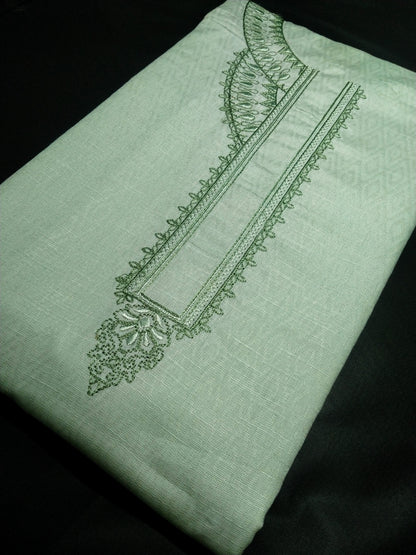 Light Mint Green Cotton Linen Jacquard Embroidered Kurta Pajama Fabric Set – Tone-on-Tone Designer Embroidery – Unstitched – 2m Kurta + 1.25m Pajama – 58" Width