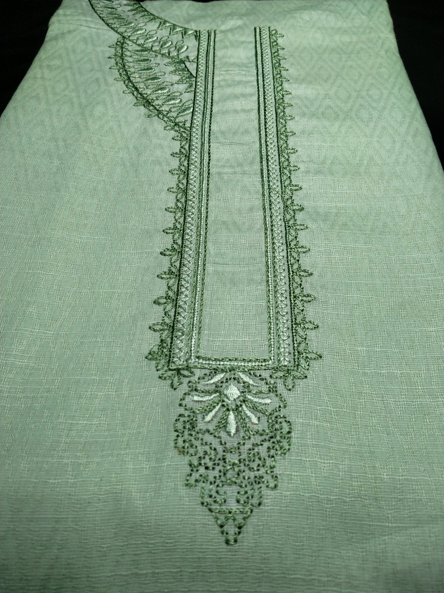 Light Mint Green Cotton Linen Jacquard Embroidered Kurta Pajama Fabric Set – Tone-on-Tone Designer Embroidery – Unstitched – 2m Kurta + 1.25m Pajama – 58" Width