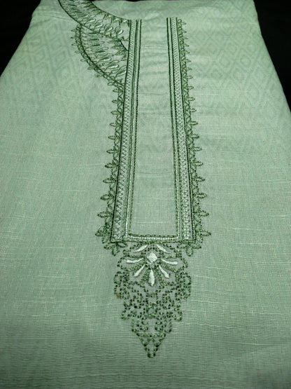 Light Mint Green Cotton Linen Jacquard Embroidered Kurta Pajama Fabric Set – Tone-on-Tone Designer Embroidery – Unstitched – 2m Kurta + 1.25m Pajama – 58" Width