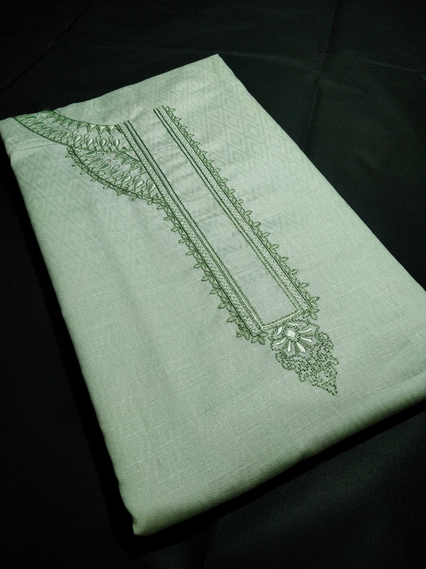Light Mint Green Cotton Linen Jacquard Embroidered Kurta Pajama Fabric Set – Tone-on-Tone Designer Embroidery – Unstitched – 2m Kurta + 1.25m Pajama – 58" Width