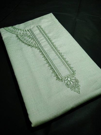 Light Mint Green Cotton Linen Jacquard Embroidered Kurta Pajama Fabric Set – Tone-on-Tone Designer Embroidery – Unstitched – 2m Kurta + 1.25m Pajama – 58" Width