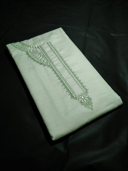 Light Mint Green Cotton Linen Jacquard Embroidered Kurta Pajama Fabric Set – Tone-on-Tone Designer Embroidery – Unstitched – 2m Kurta + 1.25m Pajama – 58" Width