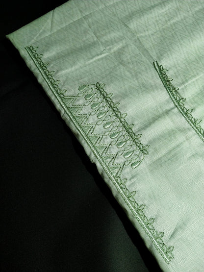 Light Mint Green Cotton Linen Jacquard Embroidered Kurta Pajama Fabric Set – Tone-on-Tone Designer Embroidery – Unstitched – 2m Kurta + 1.25m Pajama – 58" Width