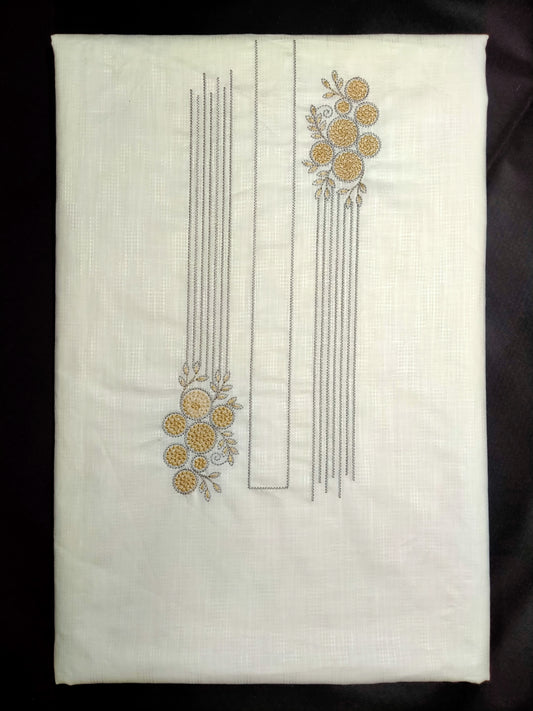 White Cotton Linen Jacquard Embroidered Kurta Pajama Fabric Set – Gold & Grey Designer Embroidery – Unstitched – 2m Kurta + 1.25m Pajama – 58" Width