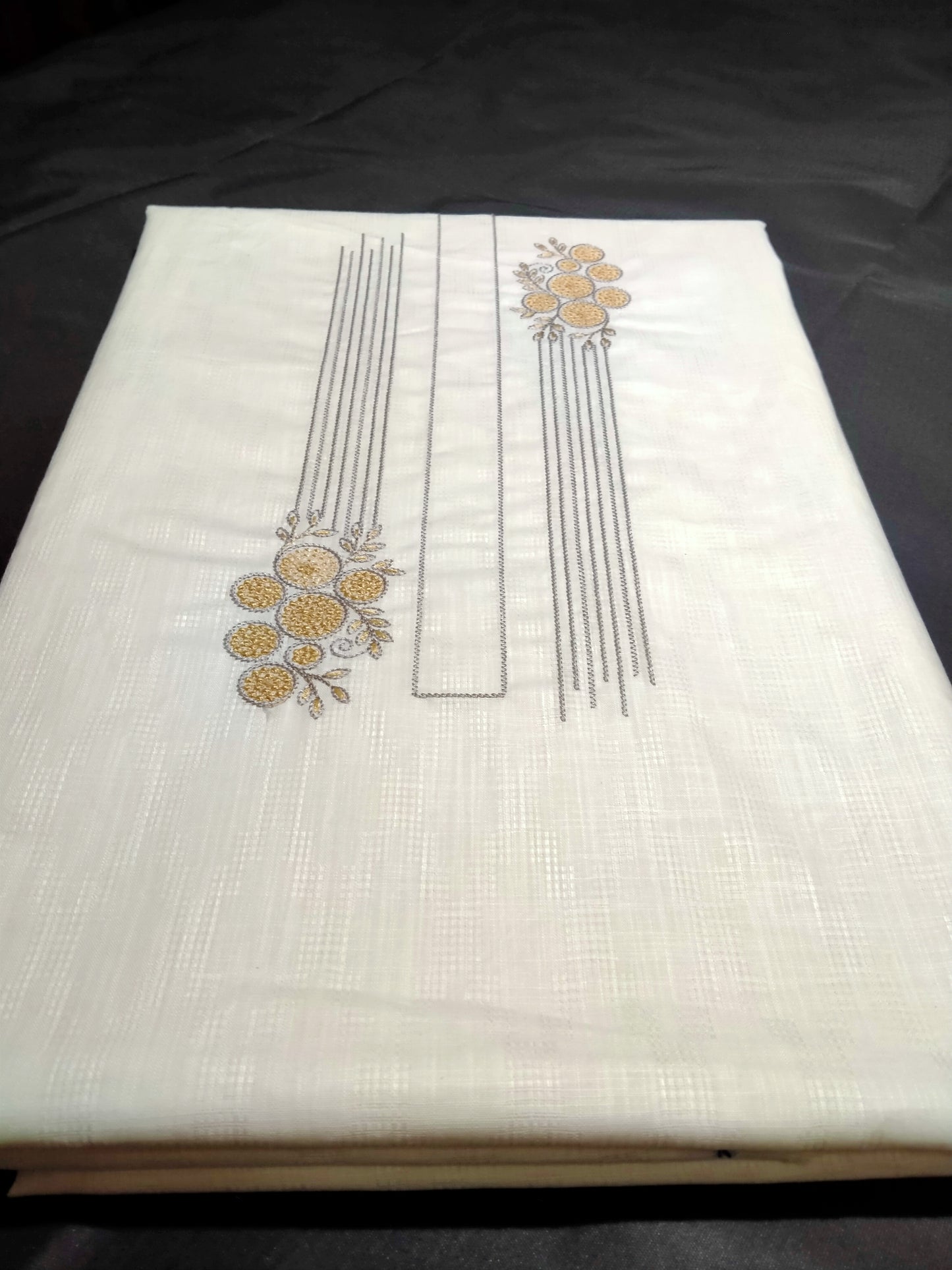 White Cotton Linen Jacquard Embroidered Kurta Pajama Fabric Set – Gold & Grey Designer Embroidery – Unstitched – 2m Kurta + 1.25m Pajama – 58" Width