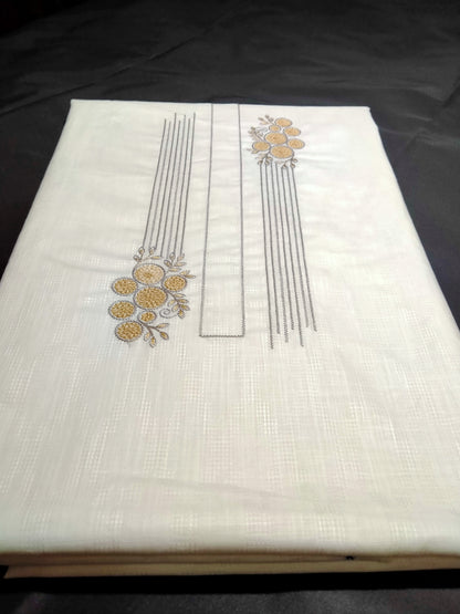 White Cotton Linen Jacquard Embroidered Kurta Pajama Fabric Set – Gold & Grey Designer Embroidery – Unstitched – 2m Kurta + 1.25m Pajama – 58" Width