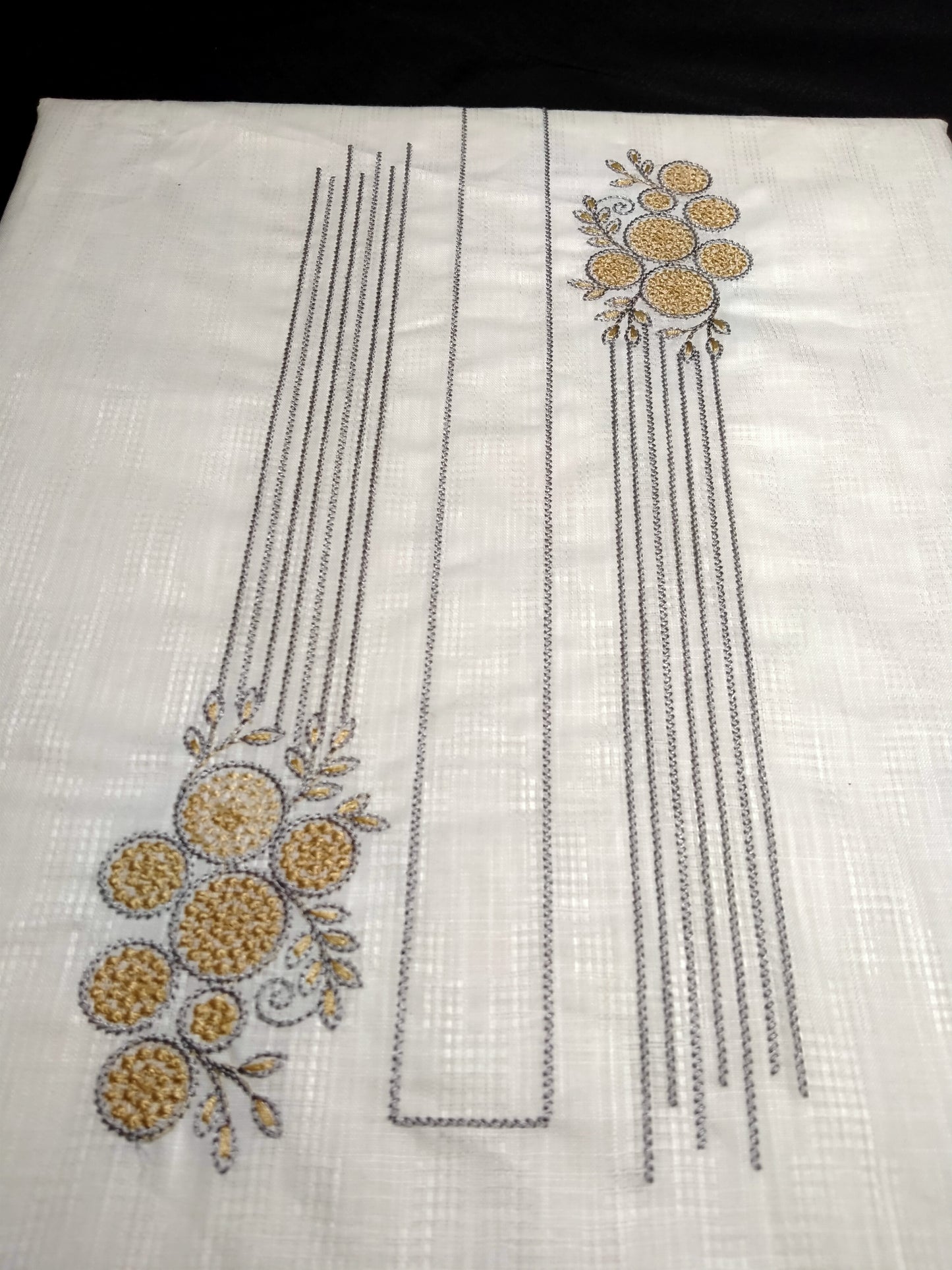 White Cotton Linen Jacquard Embroidered Kurta Pajama Fabric Set – Gold & Grey Designer Embroidery – Unstitched – 2m Kurta + 1.25m Pajama – 58" Width