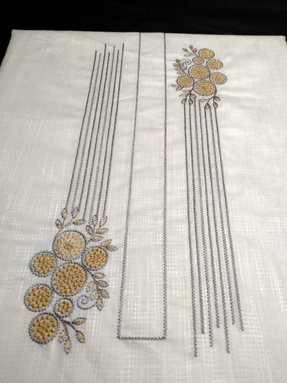White Cotton Linen Jacquard Embroidered Kurta Pajama Fabric Set – Gold & Grey Designer Embroidery – Unstitched – 2m Kurta + 1.25m Pajama – 58" Width