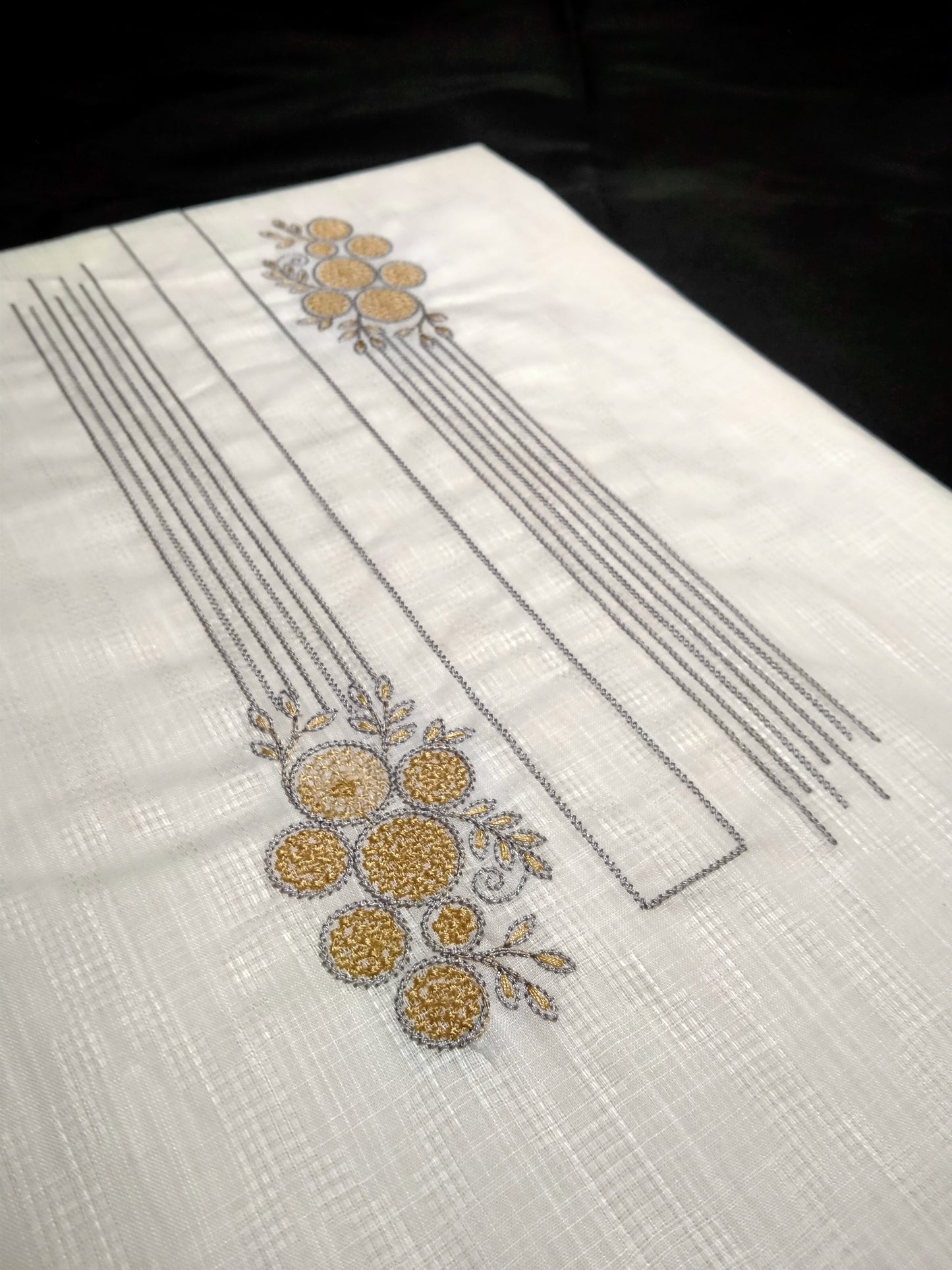 White Cotton Linen Jacquard Embroidered Kurta Pajama Fabric Set – Gold & Grey Designer Embroidery – Unstitched – 2m Kurta + 1.25m Pajama – 58" Width