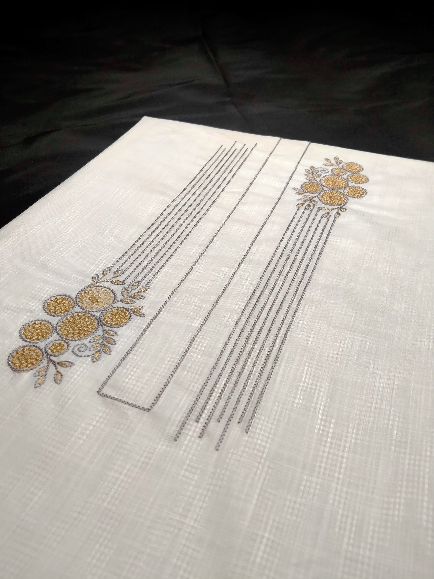White Cotton Linen Jacquard Embroidered Kurta Pajama Fabric Set – Gold & Grey Designer Embroidery – Unstitched – 2m Kurta + 1.25m Pajama – 58" Width