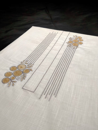 White Cotton Linen Jacquard Embroidered Kurta Pajama Fabric Set – Gold & Grey Designer Embroidery – Unstitched – 2m Kurta + 1.25m Pajama – 58" Width