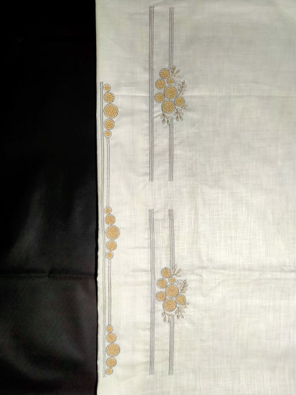 White Cotton Linen Jacquard Embroidered Kurta Pajama Fabric Set – Gold & Grey Designer Embroidery – Unstitched – 2m Kurta + 1.25m Pajama – 58" Width