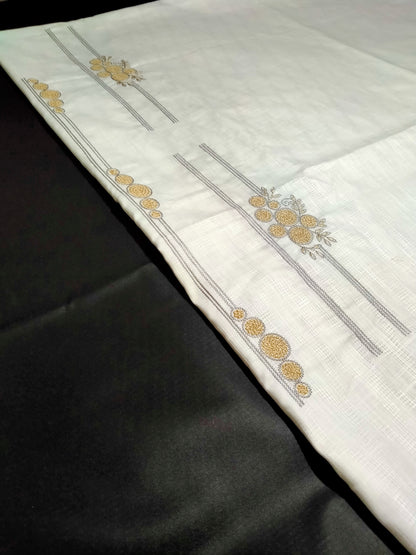 White Cotton Linen Jacquard Embroidered Kurta Pajama Fabric Set – Gold & Grey Designer Embroidery – Unstitched – 2m Kurta + 1.25m Pajama – 58" Width