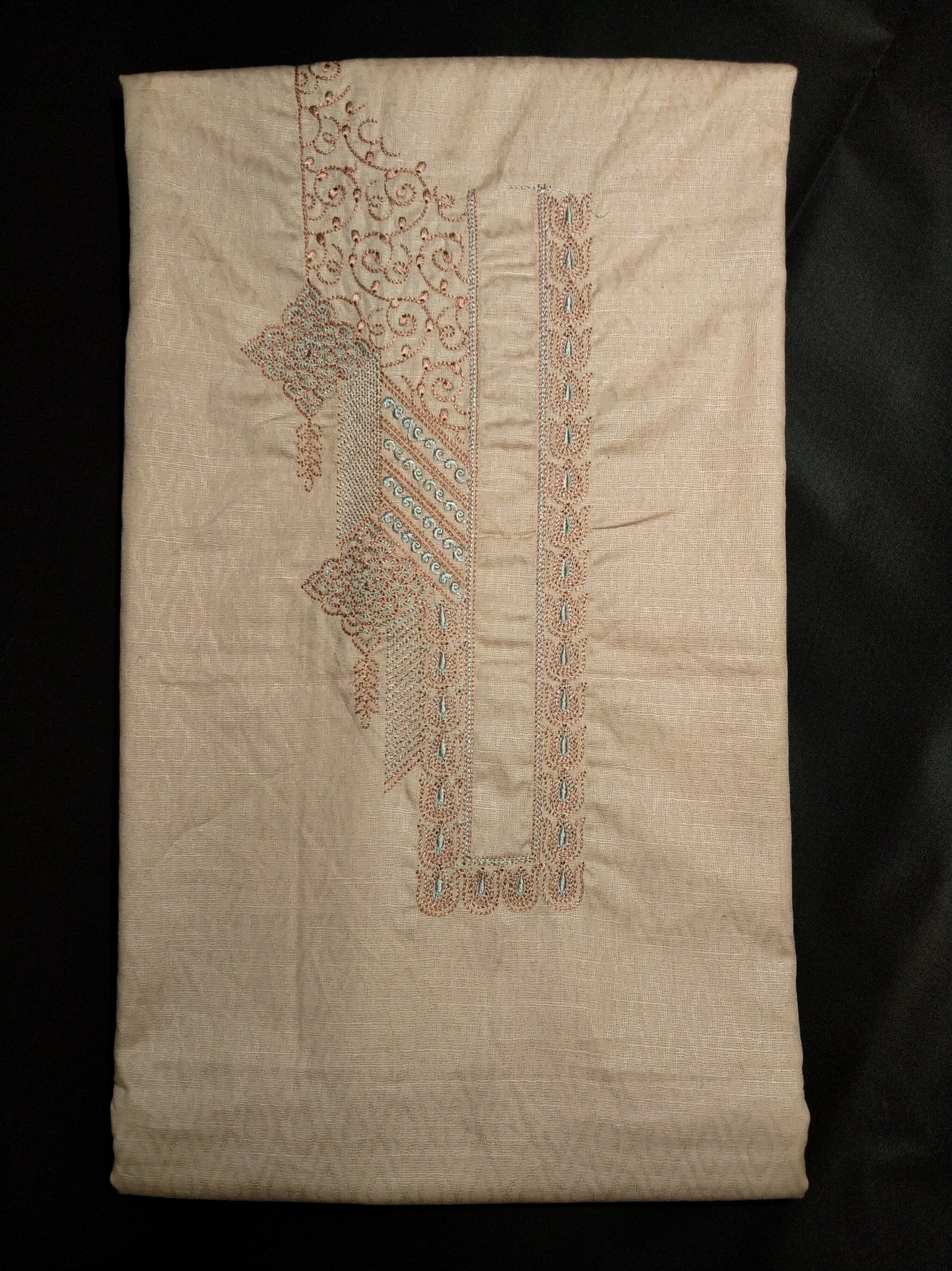 Beige Cotton Linen Jacquard Embroidered Kurta Pajama Fabric Set – Peach & Aqua Designer Embroidery – Unstitched – 2m Kurta + 1.25m Pajama – 58" Width