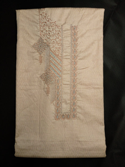Beige Cotton Linen Jacquard Embroidered Kurta Pajama Fabric Set – Peach & Aqua Designer Embroidery – Unstitched – 2m Kurta + 1.25m Pajama – 58" Width