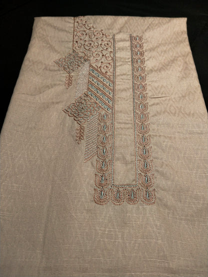 Beige Cotton Linen Jacquard Embroidered Kurta Pajama Fabric Set – Peach & Aqua Designer Embroidery – Unstitched – 2m Kurta + 1.25m Pajama – 58" Width