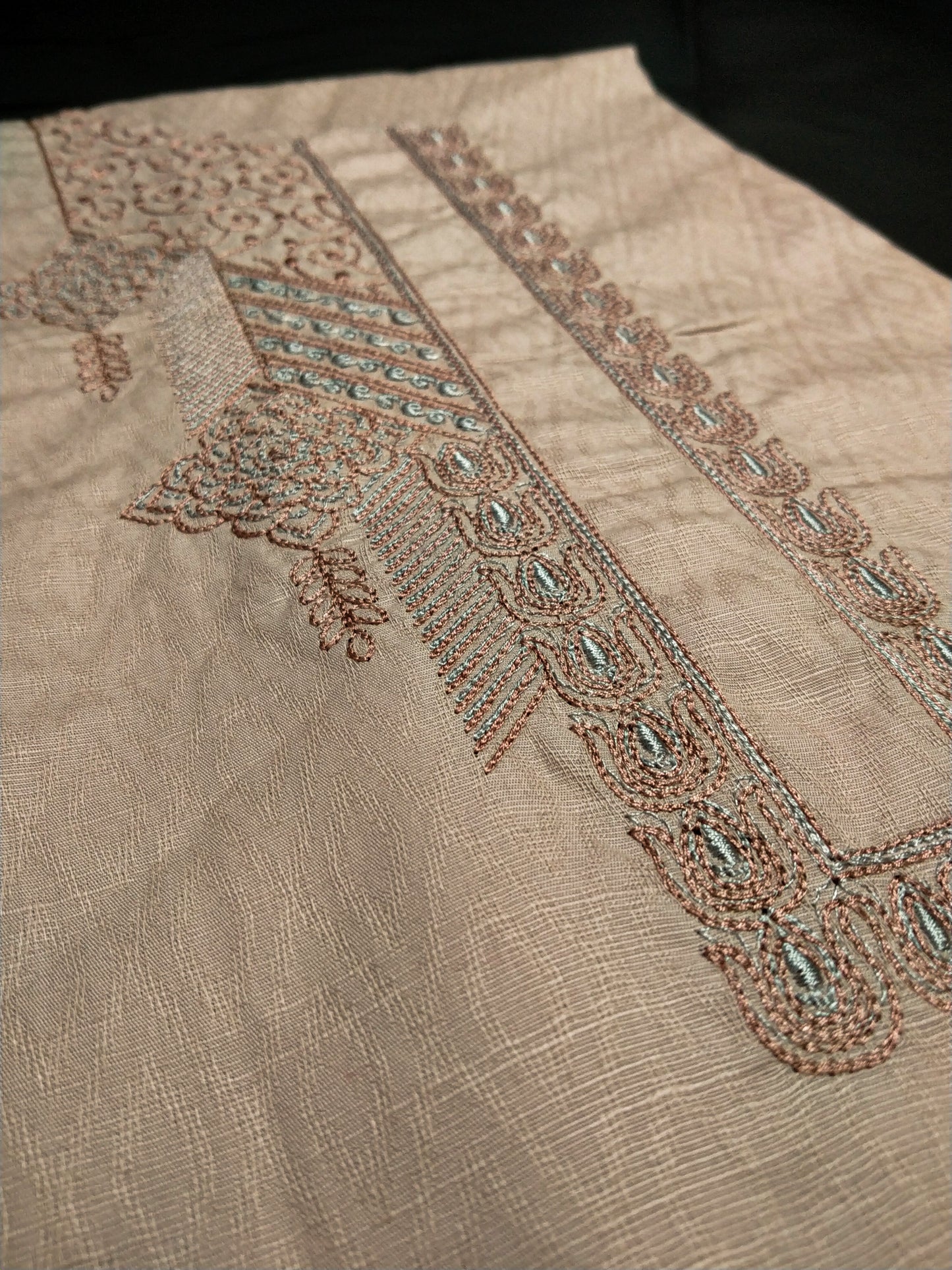 Beige Cotton Linen Jacquard Embroidered Kurta Pajama Fabric Set – Peach & Aqua Designer Embroidery – Unstitched – 2m Kurta + 1.25m Pajama – 58" Width