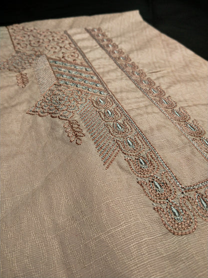 Beige Cotton Linen Jacquard Embroidered Kurta Pajama Fabric Set – Peach & Aqua Designer Embroidery – Unstitched – 2m Kurta + 1.25m Pajama – 58" Width