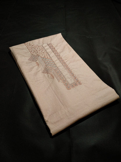 Beige Cotton Linen Jacquard Embroidered Kurta Pajama Fabric Set – Peach & Aqua Designer Embroidery – Unstitched – 2m Kurta + 1.25m Pajama – 58" Width