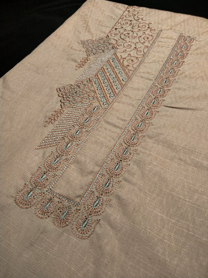 Beige Cotton Linen Jacquard Embroidered Kurta Pajama Fabric Set – Peach & Aqua Designer Embroidery – Unstitched – 2m Kurta + 1.25m Pajama – 58" Width